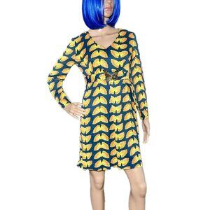 Vintage 60s Butterfly Print Long Sleeve Mini Mod Dress w/ Metal Butterfly Buckle